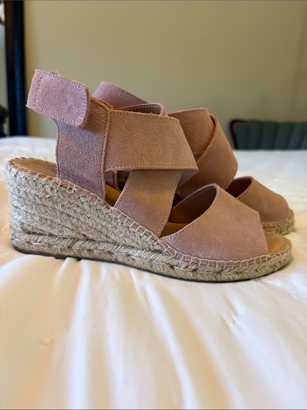 Suede Pink Espadrille Wedge Sandals with Crisscross Straps